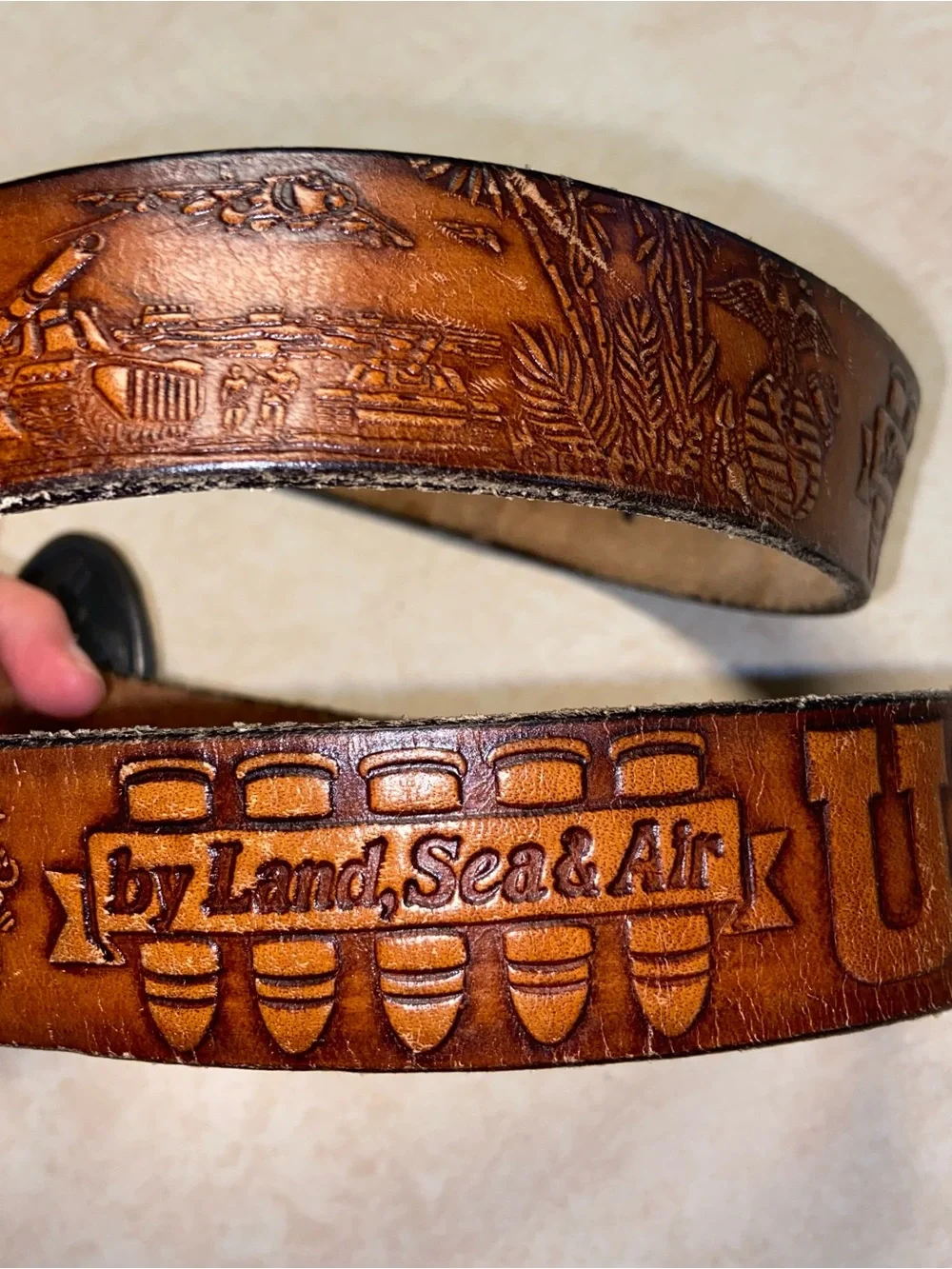 USMC Embossed Brown Leather Belt with Metal Buckle